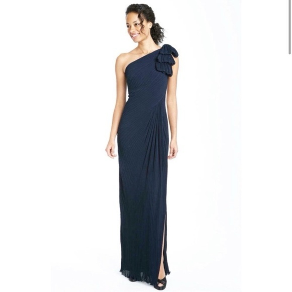 Tadashi Shoji Blue Teal Pleated One Shoulder Bow Maxi Dress Womens Size 12